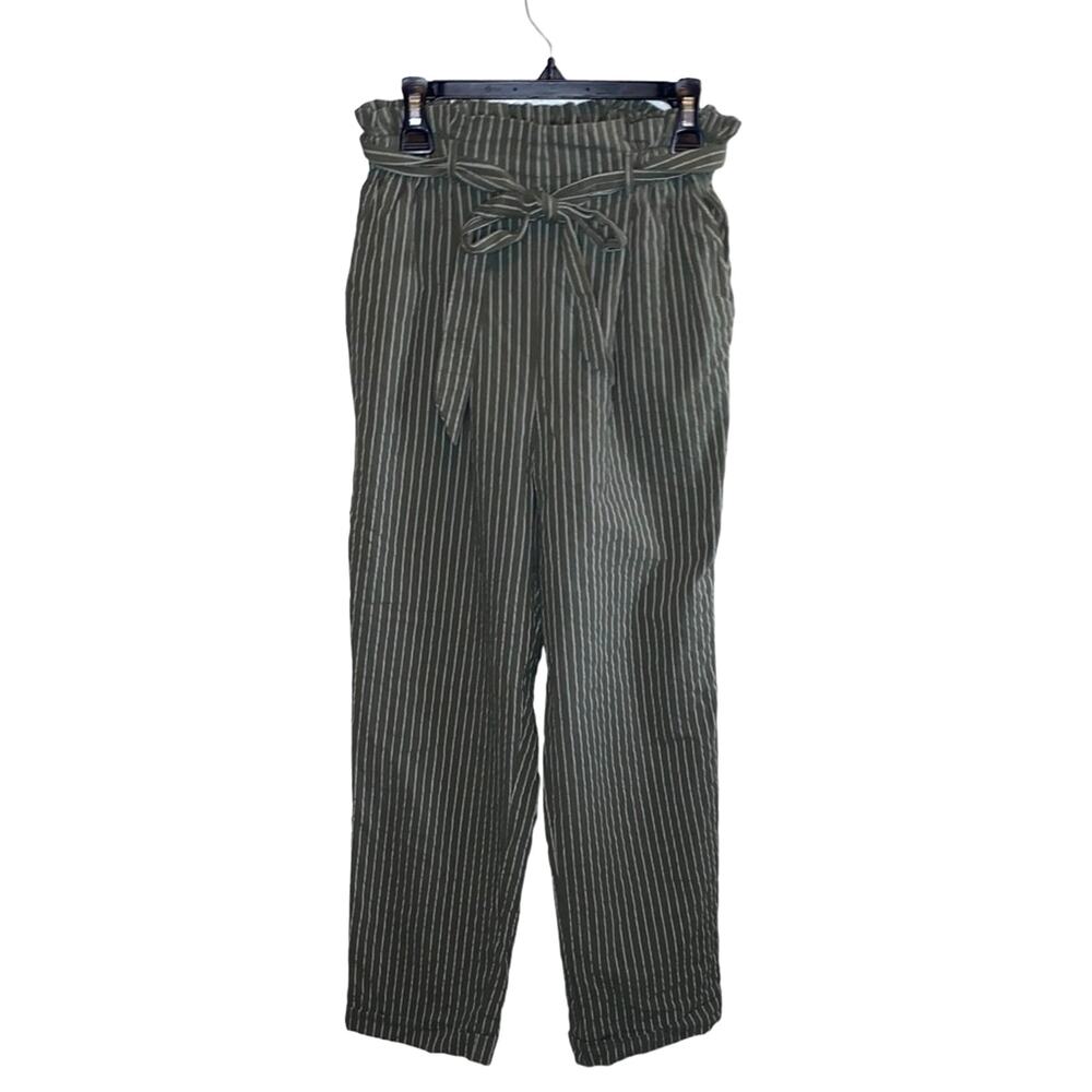 Sienna Sky Paperbag Waist Pants Green White Striped Tie‎ Waist Small Cotton